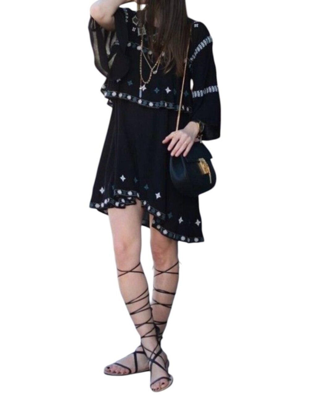 Zara Woman Studio Black Embroidered Boho Peasant Dress Size Small Mini Tunic